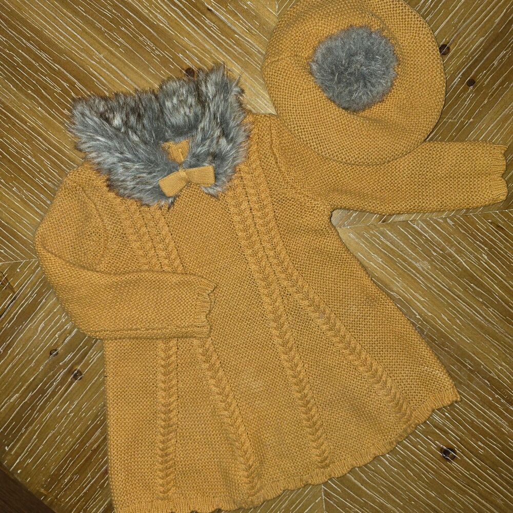 Tahari Baby fur embellished crochet knit dress and beret 6/9 months 0642